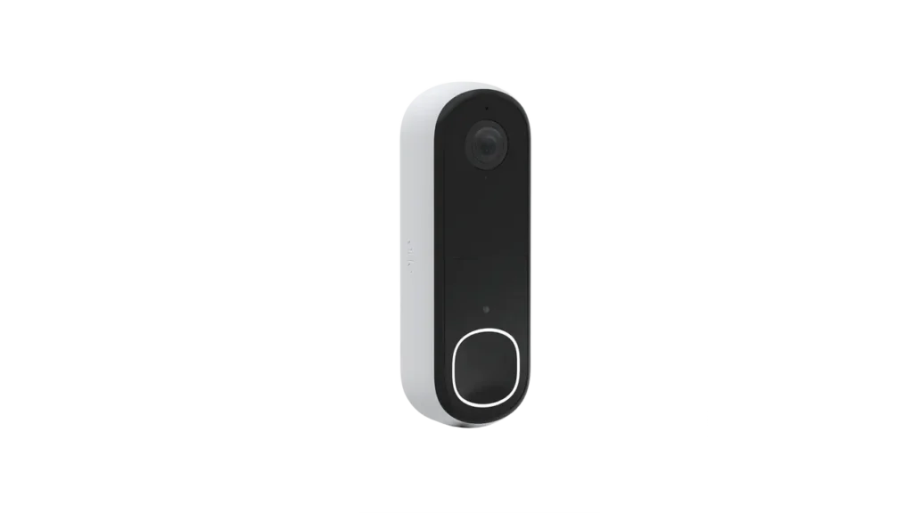 Sleek white and black Arlo Video Doorbell 2nd Generation with circular illuminated button.