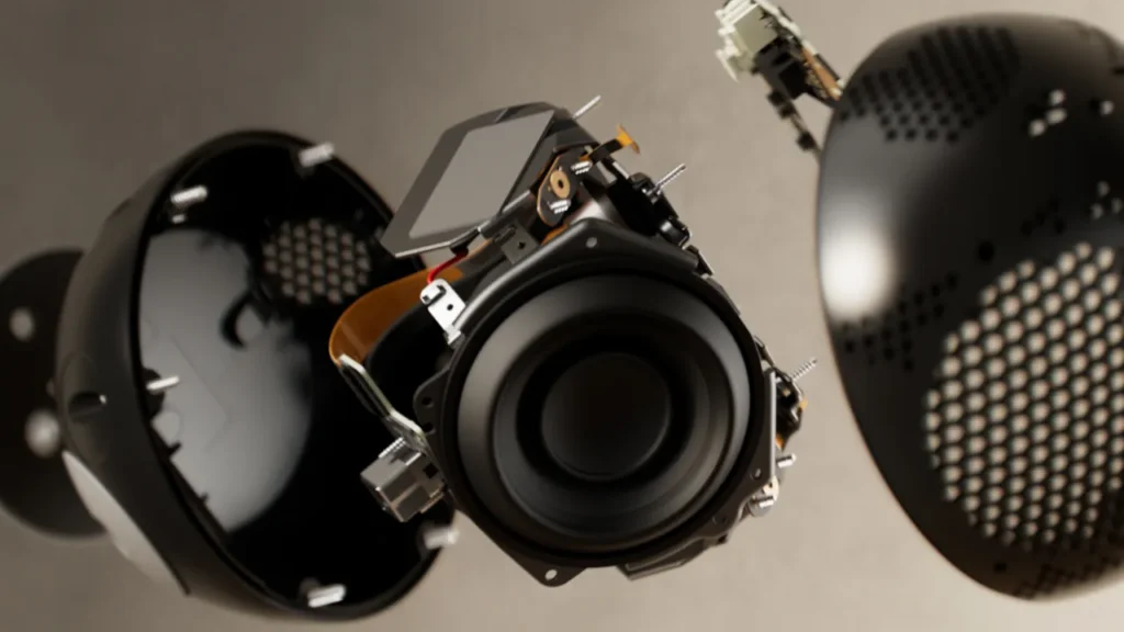 An exploded technical view showing the internal speaker drivers and AZ3 processor board of the Echo Dot Max.