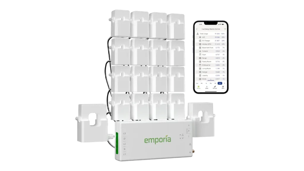 Emporia Vue Gen 3 whole home energy monitor with white sensors next to a smartphone displaying power usage data.