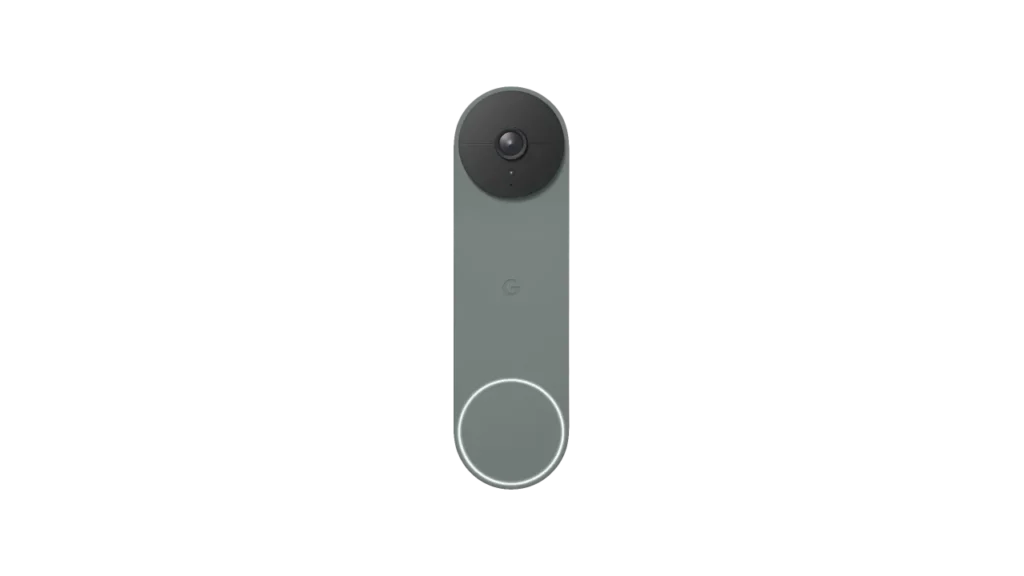 Minimalist grey Google Nest Doorbell Battery camera with illuminated white ring light.