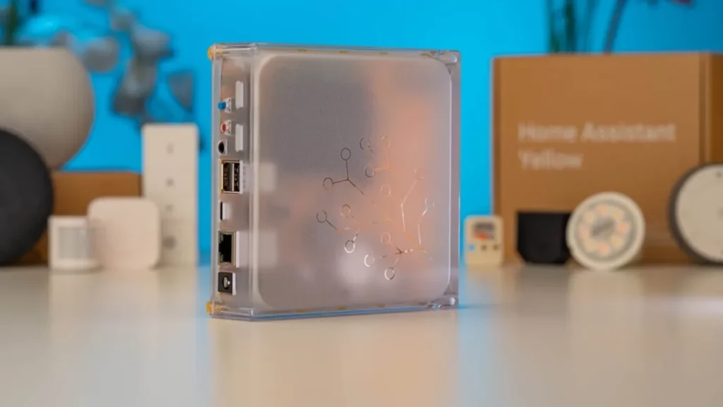 The clear casing of the Home Assistant Yellow smart home hub, which now supports the faster CM5 processing board.