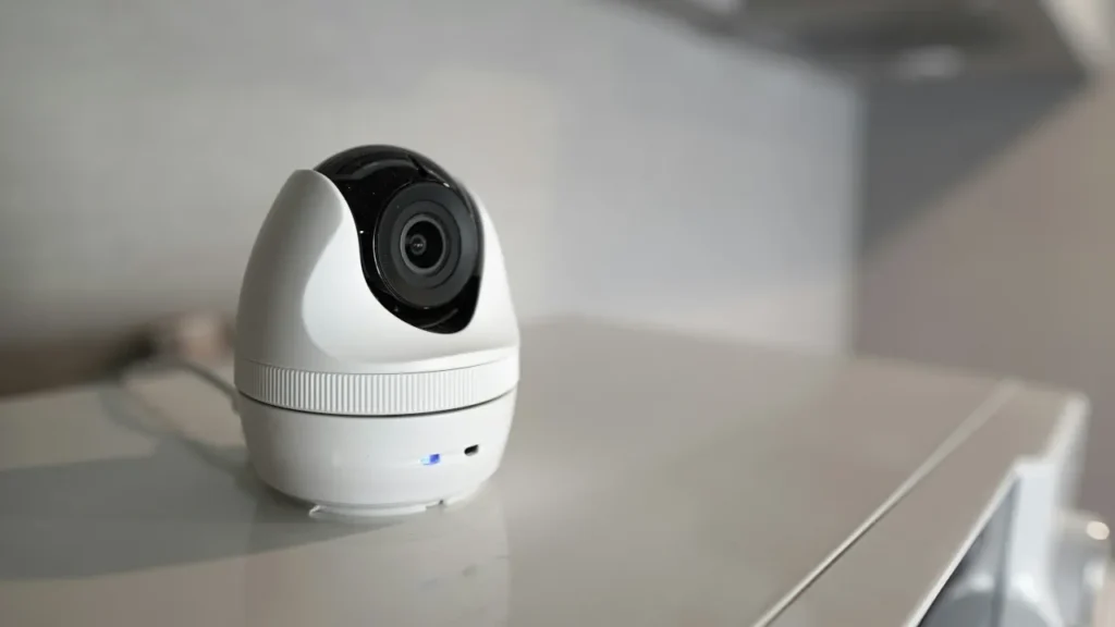 Small white indoor smart security camera with black lens sitting on a kitchen counter.