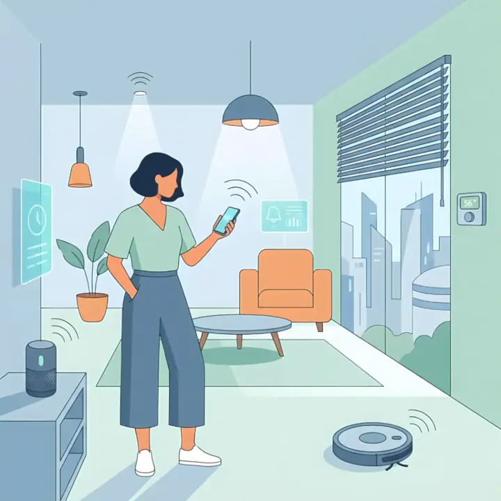 A colorful flat vector illustration of a modern living room showing various connected smart home devices operating together.
