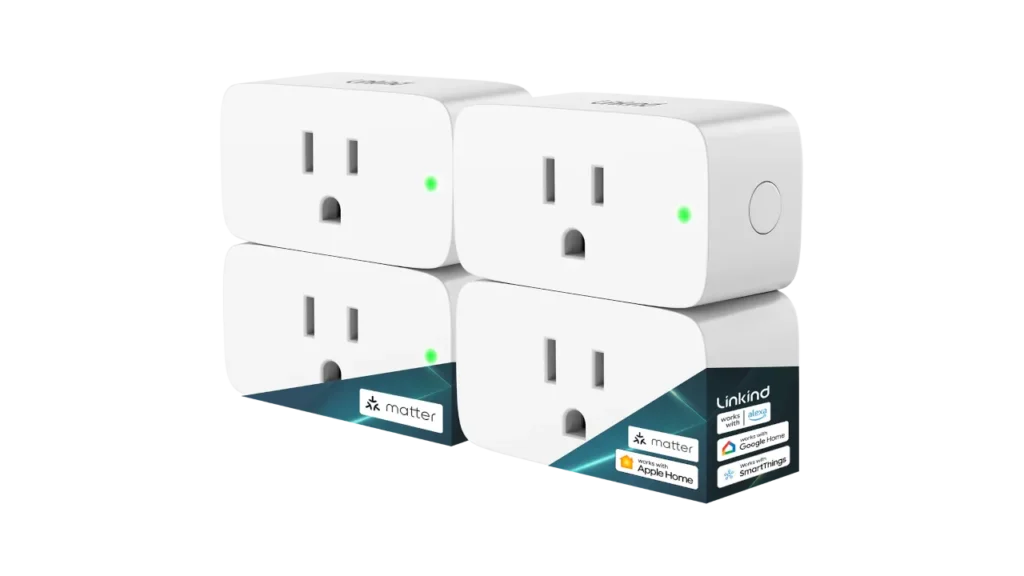 A four pack of white Linkind Matter smart plugs stacked in their original packaging.