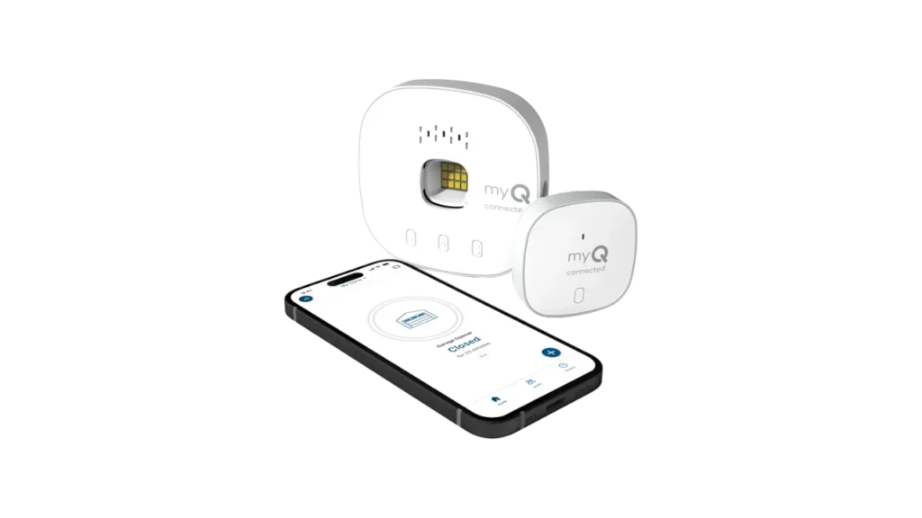 Group shot of the white Chamberlain myQ Smart Garage Control hub, sensor, and smartphone app display.