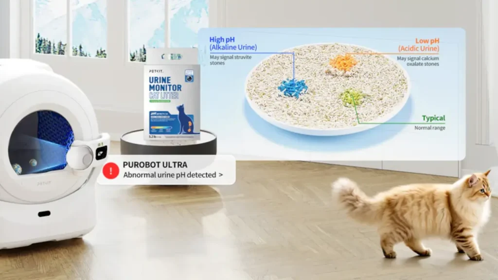 Petkit Purobot Ultra smart litter box app alert showing abnormal cat urine pH health tracking graph.