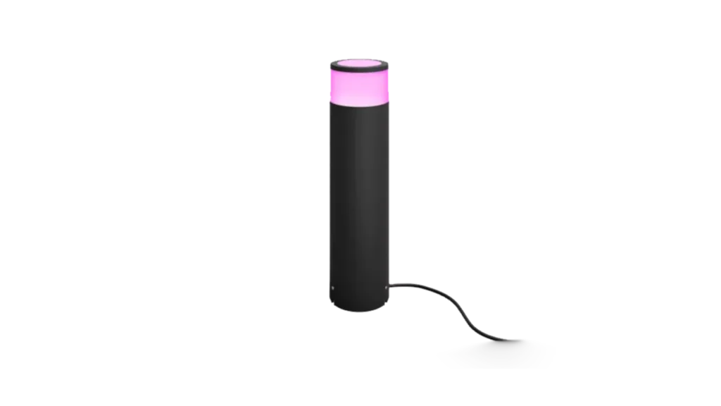 Philips Hue Calla smart outdoor bollard light glowing pink on a transparent background.