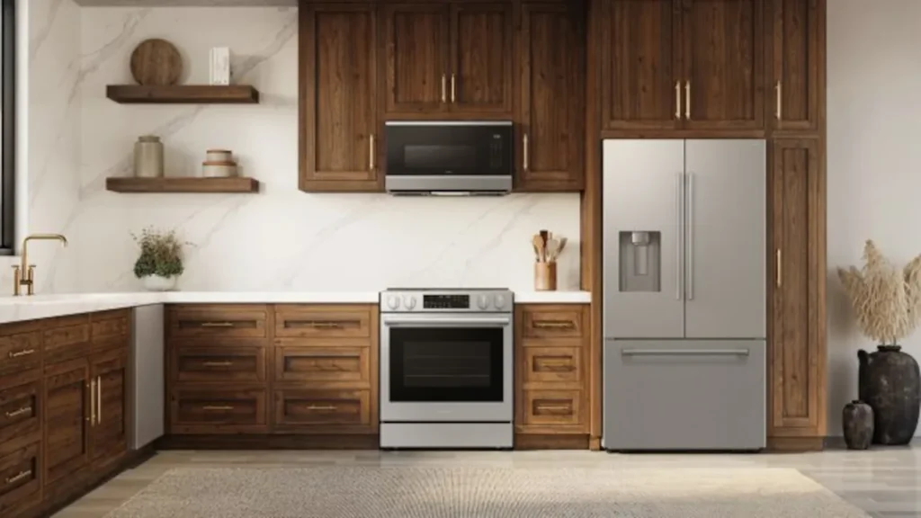 A modern kitchen featuring a Samsung Bespoke stainless steel smart refrigerator and slide in electric range.