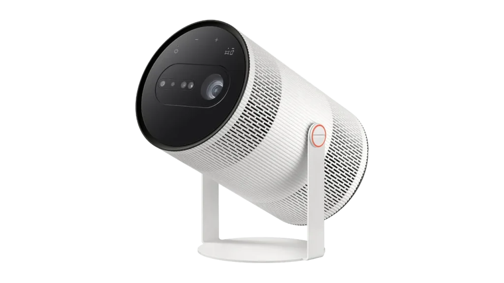 Close-up of the white Samsung Freestyle+ projector on its stand.