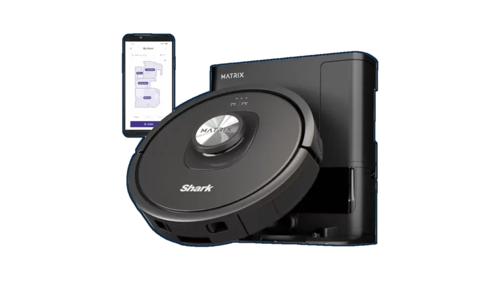 The Shark Matrix robot vacuum and bagless self-empty base with a smartphone showing the cleaning map app