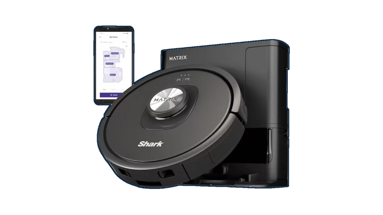 The Shark Matrix robot vacuum and bagless self-empty base with a smartphone showing the cleaning map app