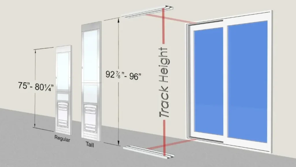 A technical diagram showing height measurements for installing a pet door insert into a sliding glass door track.