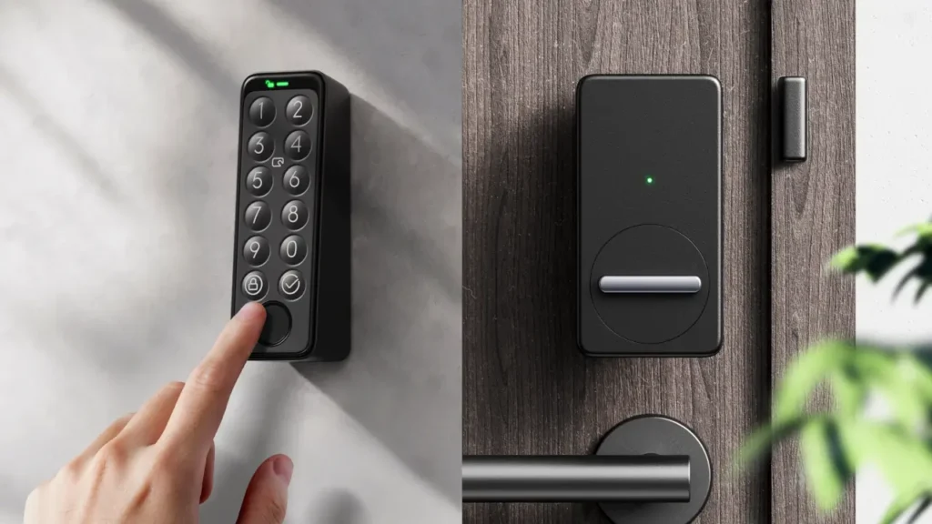 A person pressing a fingerprint sensor on a SwitchBot keypad next to an automatic door lock.