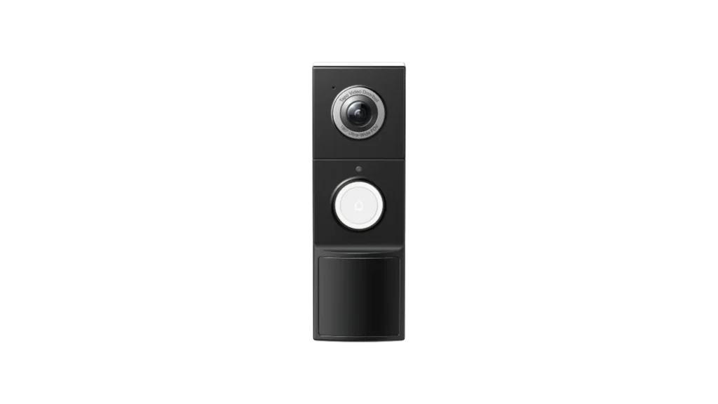 Black TP-Link Tapo D235 wireless video doorbell with wide lens and white chime button.
