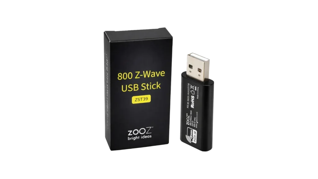 Zooz 800 series Z-Wave USB stick hub adapter and retail packaging.
