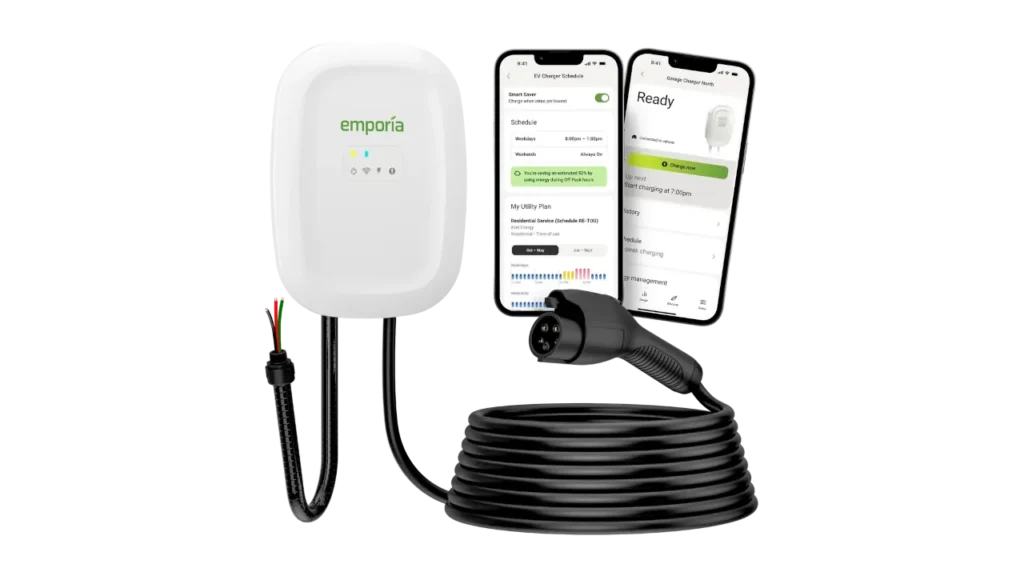 Emporia Smart EV Charger wall unit with coiled cable next to two smartphones displaying the energy management app.