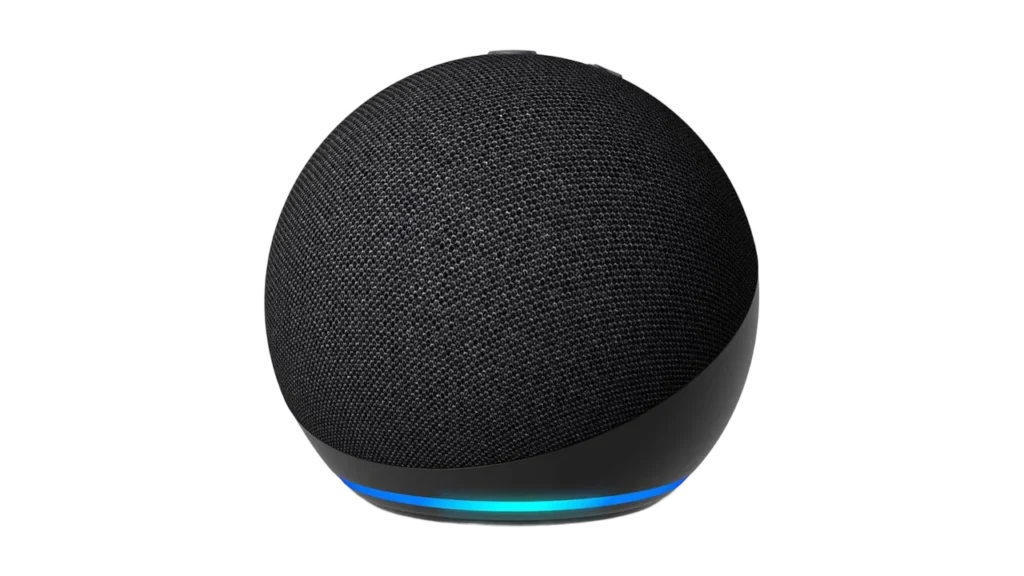 Amazon Echo Dot spherical smart speaker in charcoal with glowing blue LED light ring at the base.