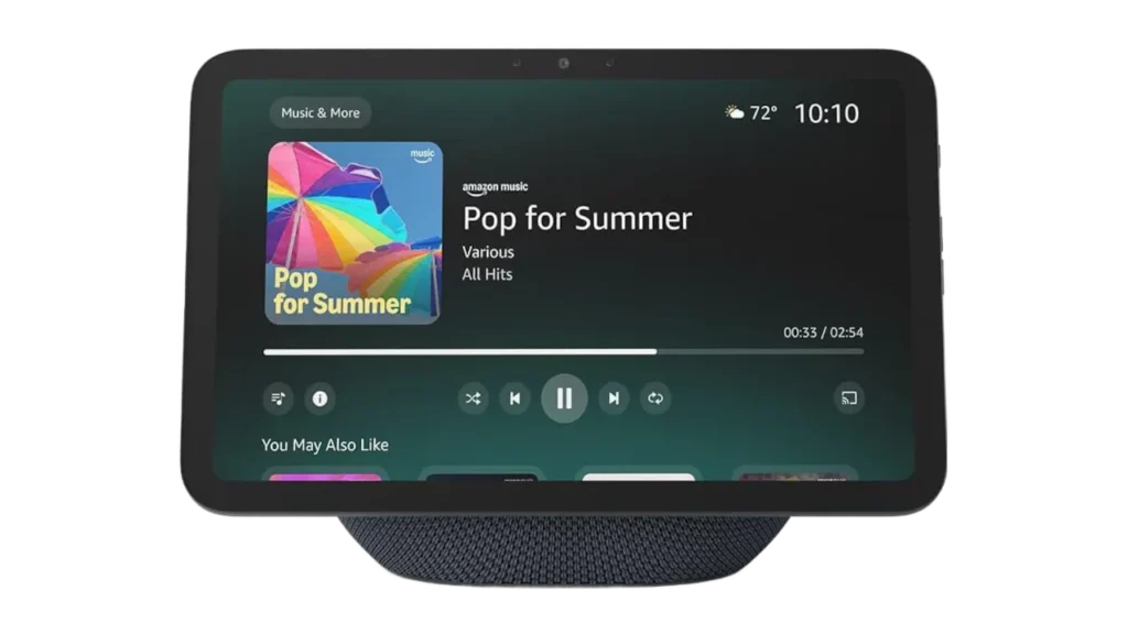 Amazon Echo Show smart display screen playing music on a charcoal fabric stand.