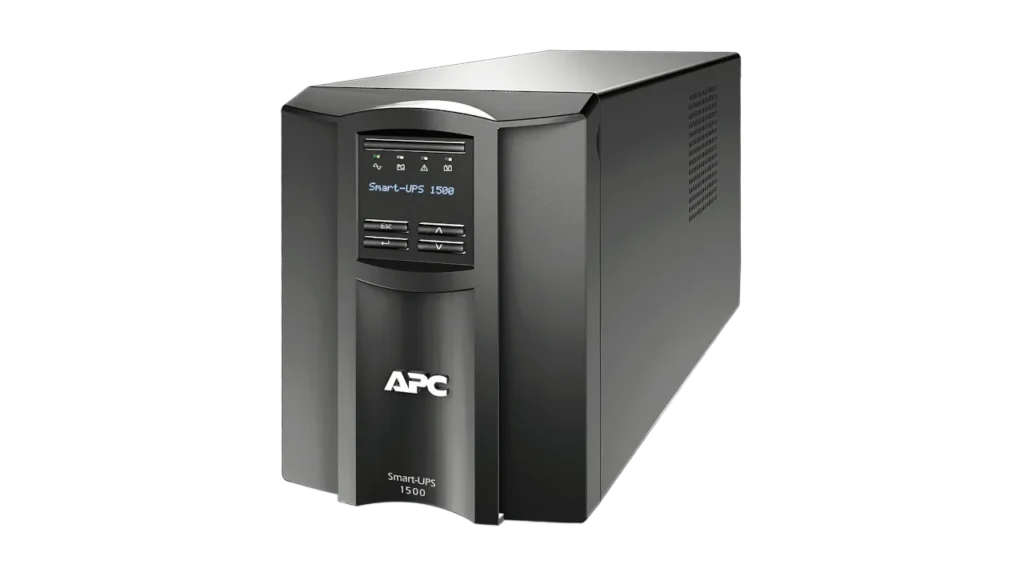 APC Smart-UPS SMT1500C tower battery backup device showing the front panel and LCD screen.