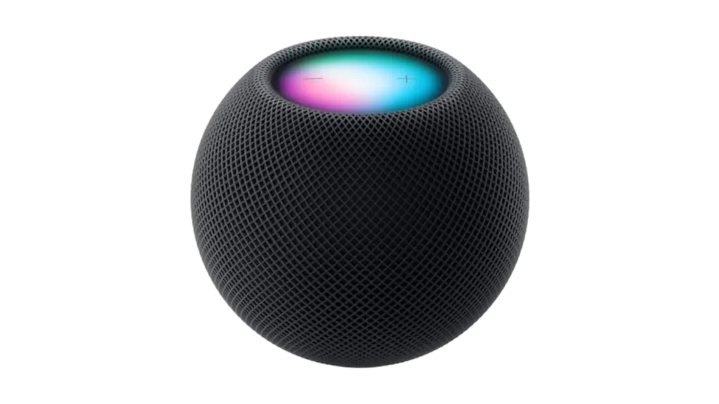 Apple HomePod Mini spherical smart speaker in dark gray with colorful glowing touch display on top.