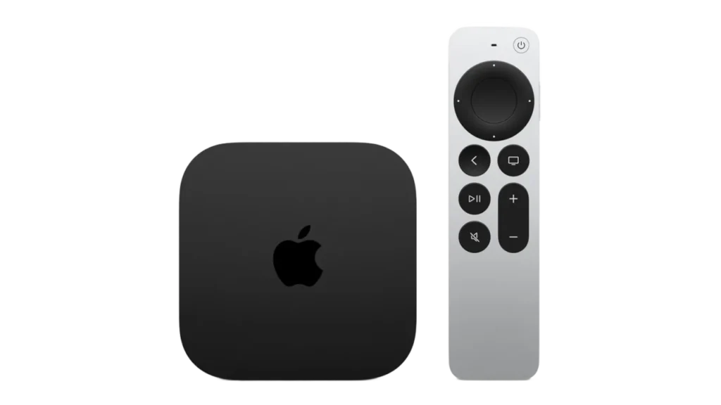 Black Apple TV 4K set-top box next to a silver Siri remote on a white background.