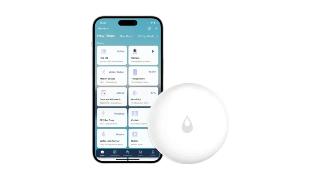 White Aqara smart water leak sensor puck next to a smartphone displaying a smart home device dashboard.