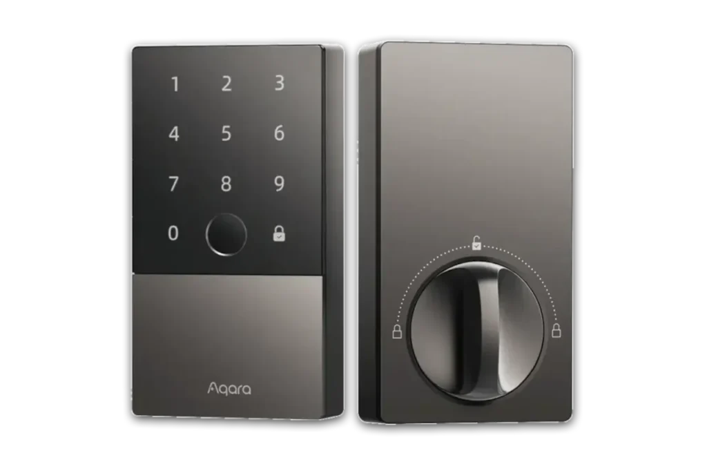 Aqara U100 smart lock exterior keypad and interior thumbturn unit.