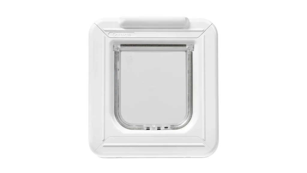 White Closer Pets Elite microchip cat flap featuring a clear door panel decorated with paw prints.