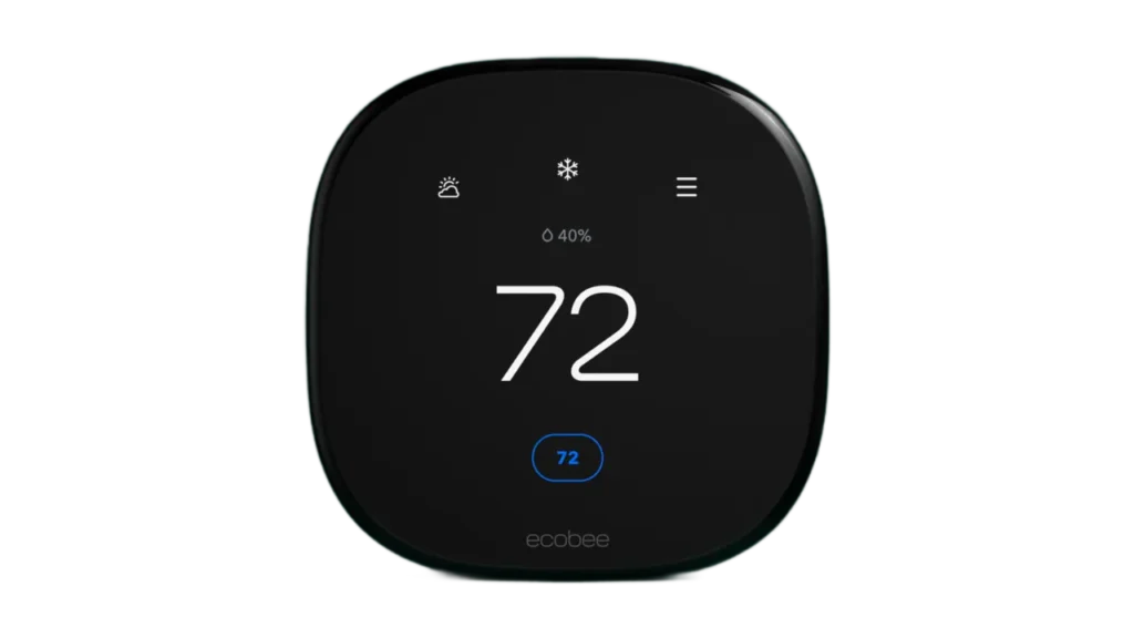 Black ecobee smart thermostat displaying 72 degrees and cooling mode on a digital touchscreen.