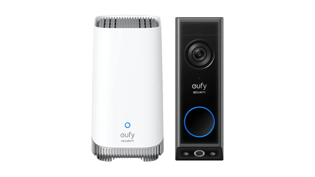 Eufy Video Doorbell E340 dual camera next to the white HomeBase S380 local storage hub.