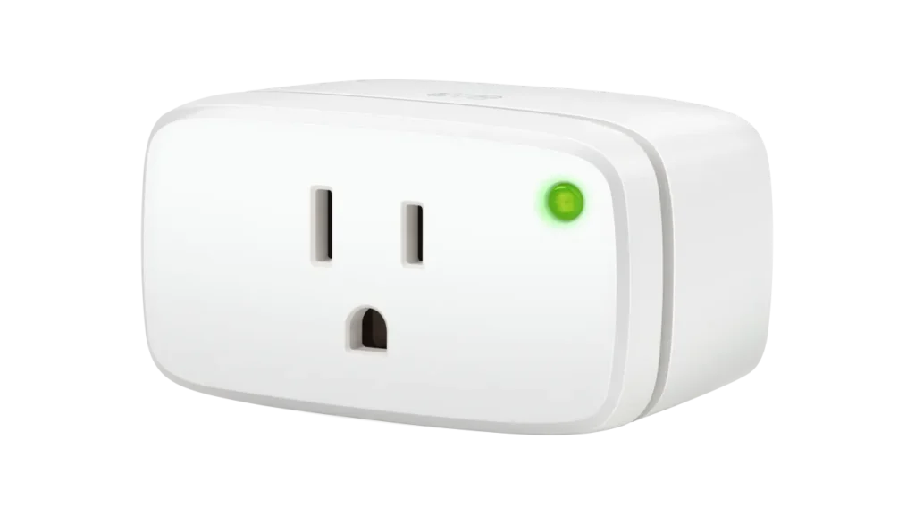 White Eve Energy smart plug featuring a standard outlet and a green indicator light.