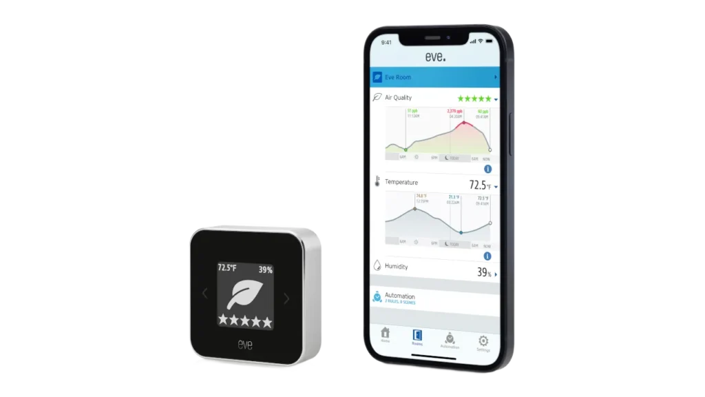 Eve Room sensor next to a phone showing air quality, temperature, and humidity graphs in the Eve app.