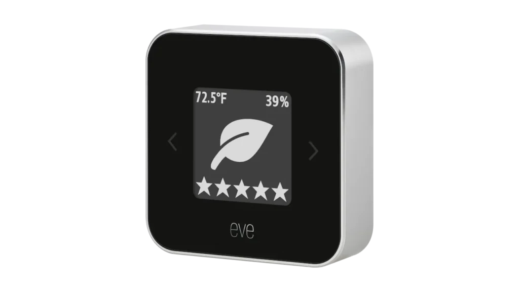 Eve Room air quality monitor showing temperature, humidity, and a five-star air quality rating on its display.