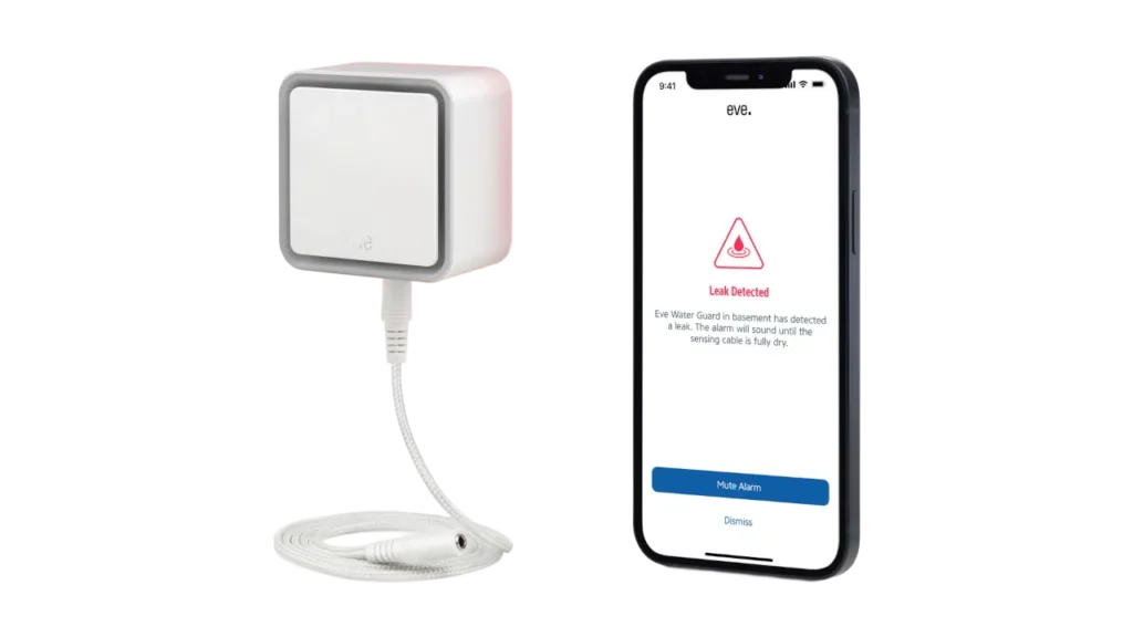 Eve Water Guard plugged in with its long sensing cable next to a smartphone showing a red leak detected alert