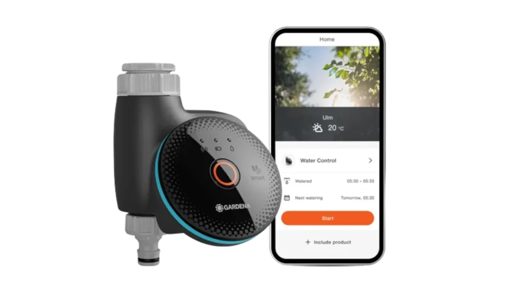 Gardena smart water control hose attachment shown alongside mobile application interface.