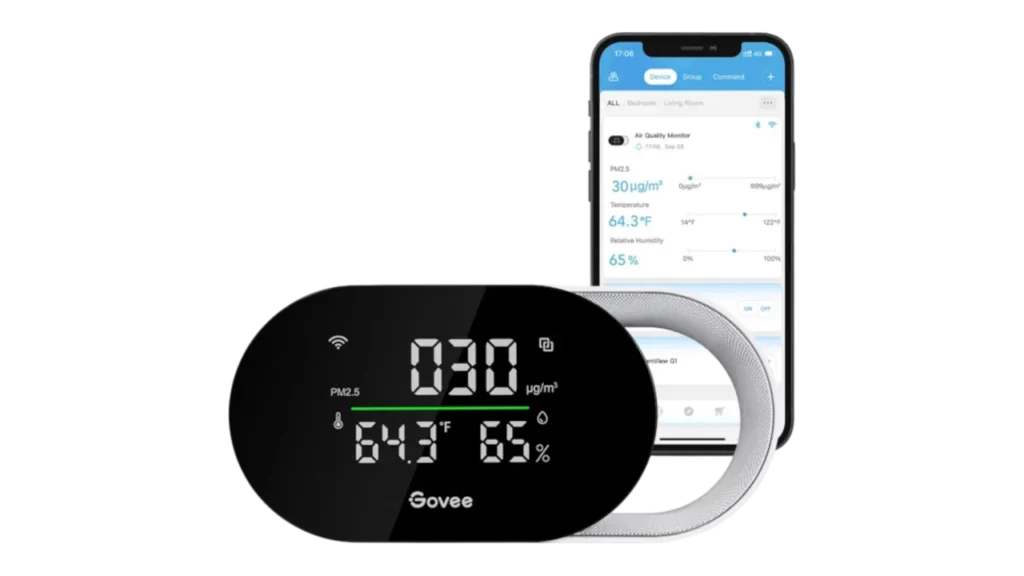 Govee Smart Air Quality Monitor displaying a PM2.5 reading next to its companion smartphone app.
