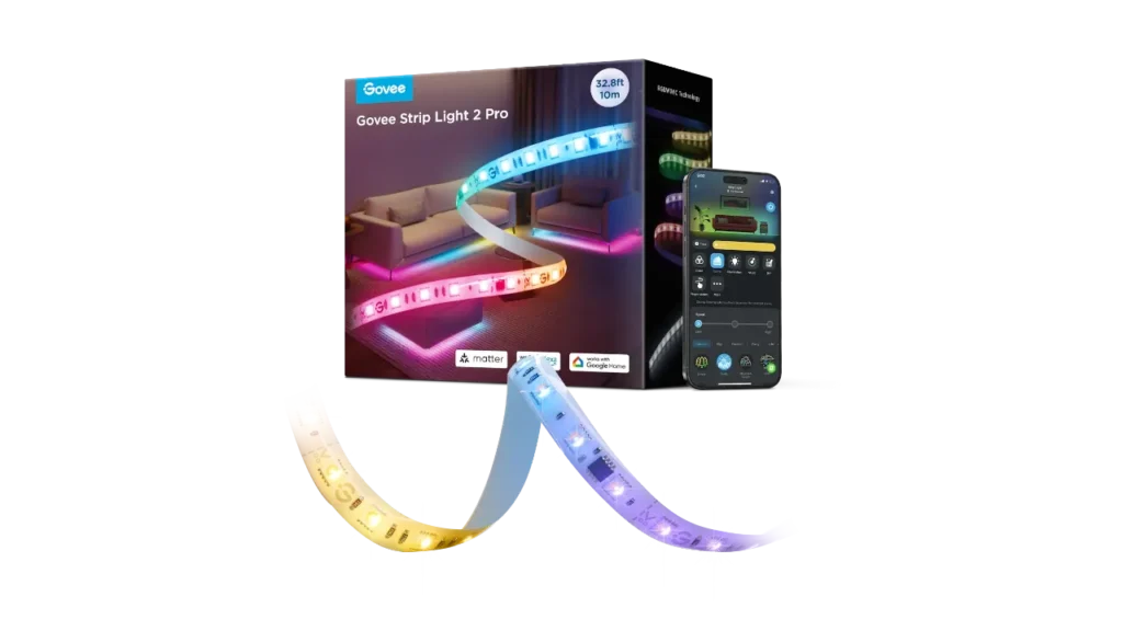 The Govee Strip Light 2 Pro retail box next to an unrolled colorful LED strip and a smartphone showing the Govee app.