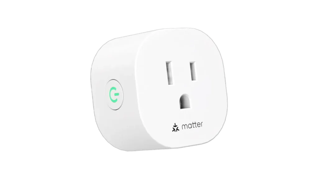Compact white Meross smart plug displaying the universal Matter logo and a side button