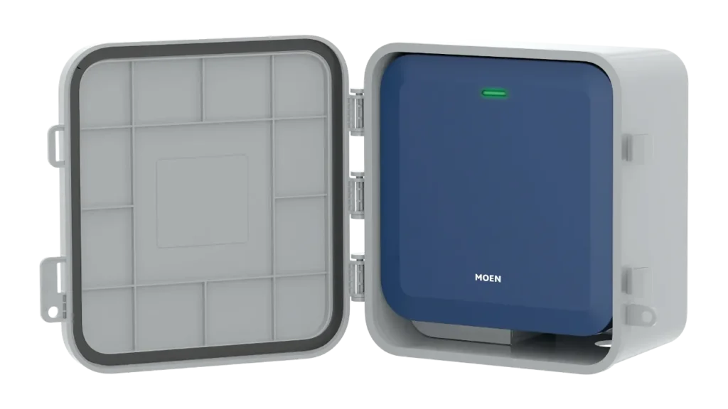Blue Moen smart sprinkler controller mounted inside an open white protective outdoor box.