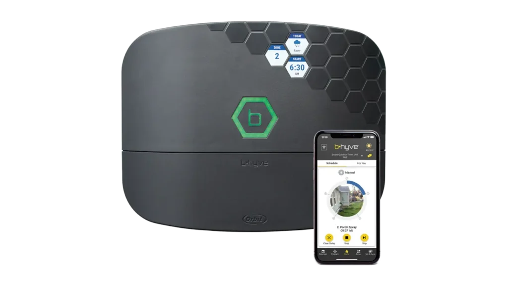 Orbit B-hyve XR outdoor smart sprinkler controller shown beside smartphone app interface.
