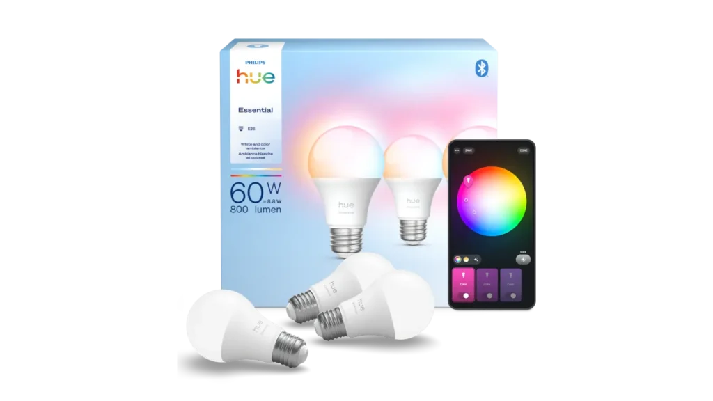 Philips Hue White and Color Ambiance smart bulbs with retail box and color-picker app.