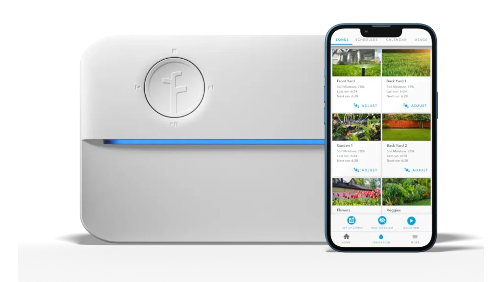 White Rachio 3 smart sprinkler controller unit paired with smartphone app interface.