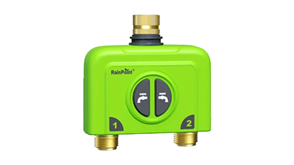 Bright green RainPoint dual-zone smart hose faucet timer with two water outlet valves.