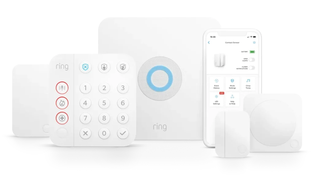 Ring Alarm system components including base station, keypad, and door contact sensors.