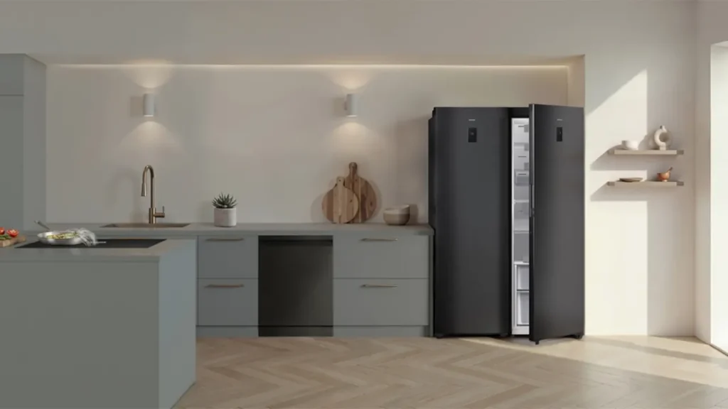 Modern kitchen with an open Samsung smart refrigerator and smart appliances.