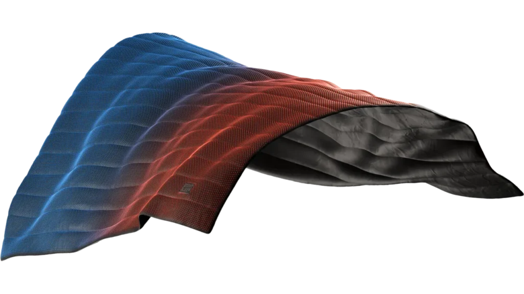 3D graphic of a smart mattress cover showing dual-zone climate control with blue cooling and red heating sides.