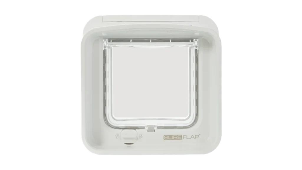 Sure Petcare DualScan microchip cat door showing the central clear flap and single locking dial.