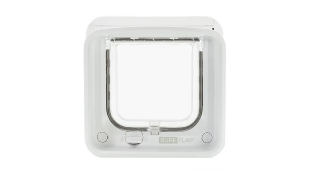 White SureFlap Connect smart microchip cat door featuring a clear flap and two control buttons.