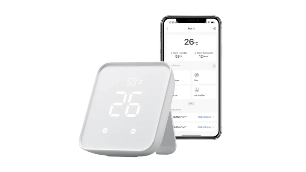 SwitchBot Hub 2 display showing temperature next to a smartphone app screen.