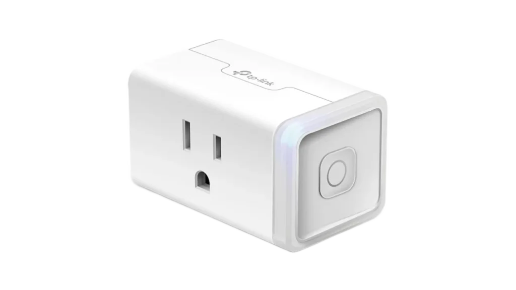 Compact white TP-Link Kasa Wi-Fi smart plug for controlling home appliances.